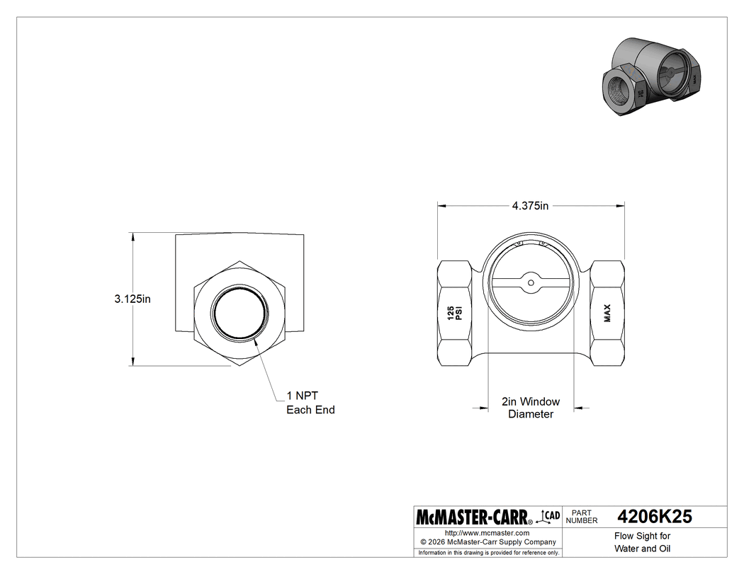 Technical Drawing of Flow Sight for Water and Oil, Bronze Body, 1 NPT Female.
